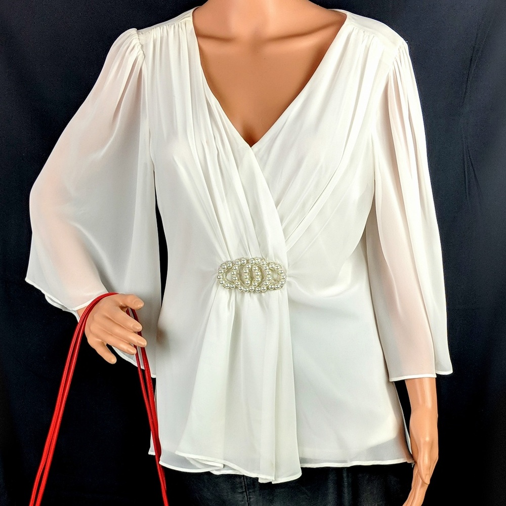 Elegant & Classy Off White Wrap Top With Pearls